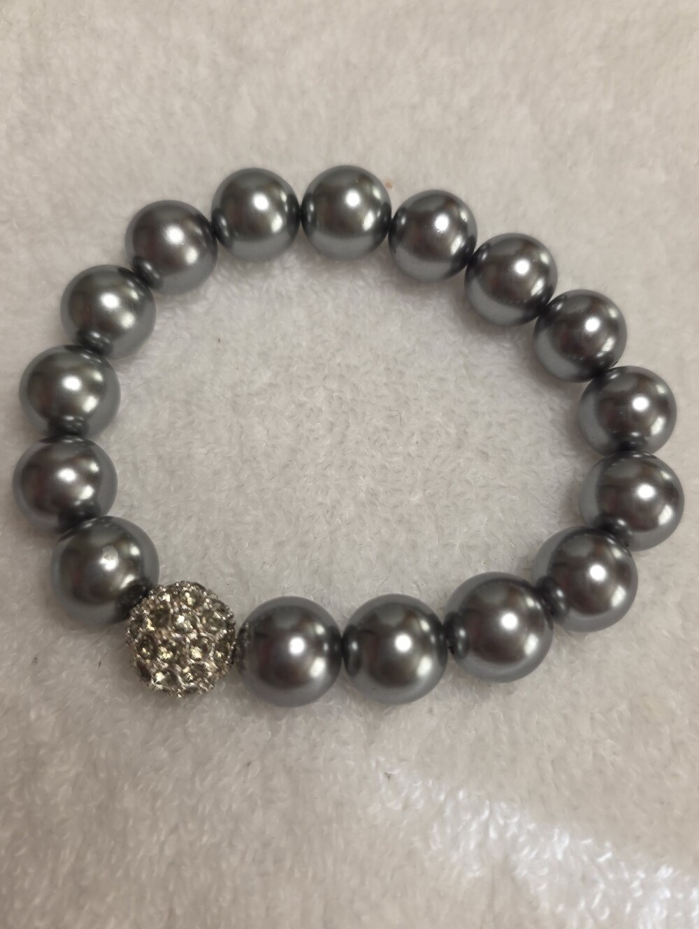 Silver/Grey Chunky Faux Pearl Stretch Bracelet with Pave Rhinestone Disco Ball
